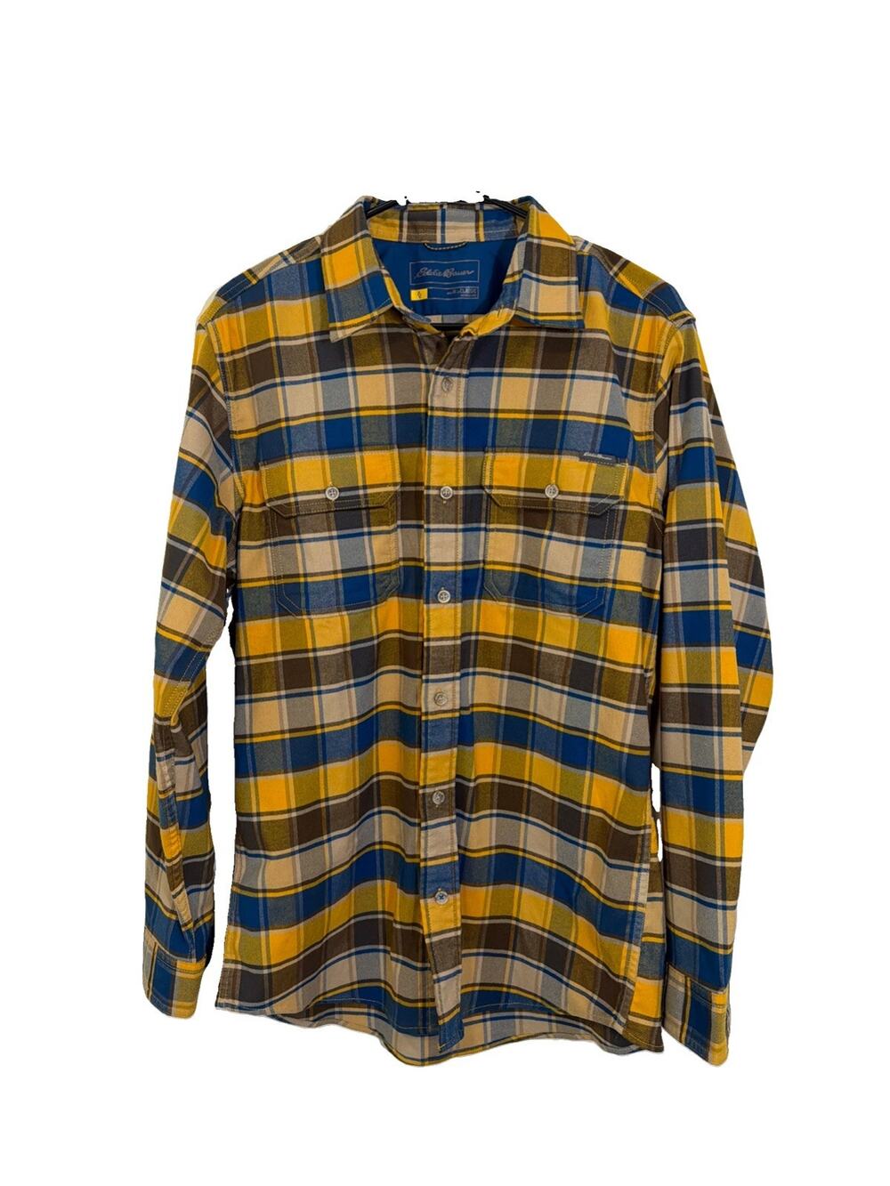 Eddie Bauer Mens Classic Fit Plaid Flannel Shirt Blue Yellow M Mountain Peak